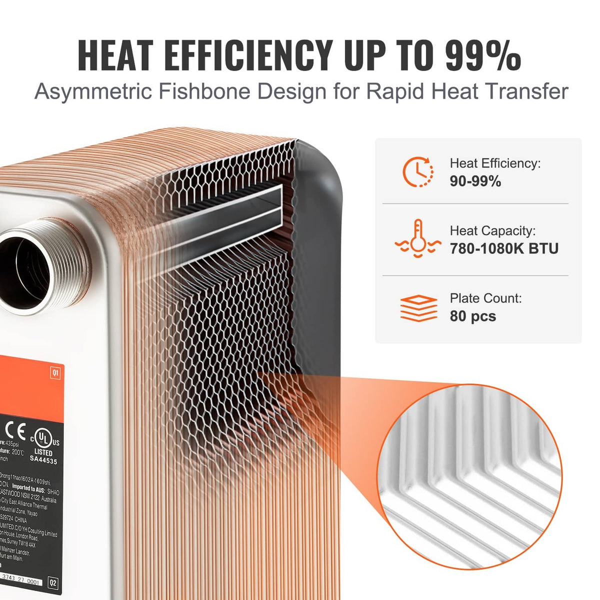 Brazed plate heat exchanger with fishbone-style internal channels, side close-up