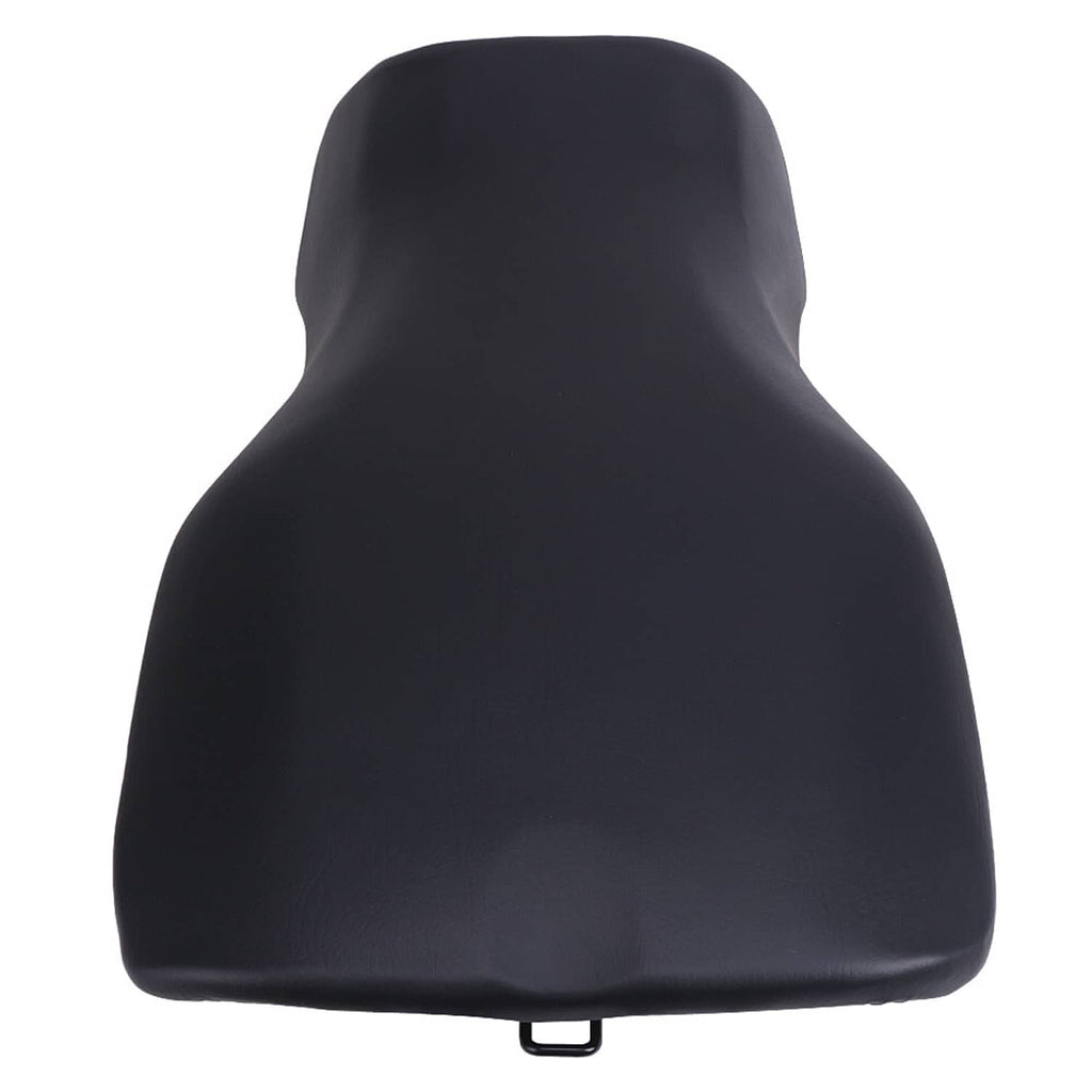 Black contoured ATV rider seat pad with metal mounting clip at bottom