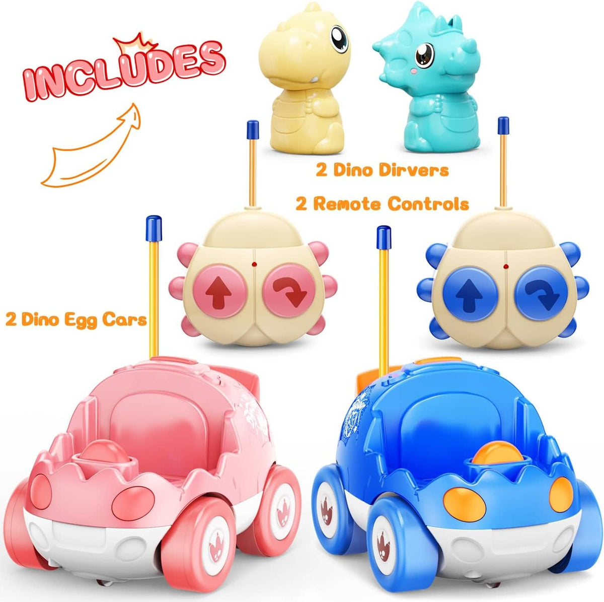 Two dinosaur remote control cars with egg driver cars and two antenna controllers