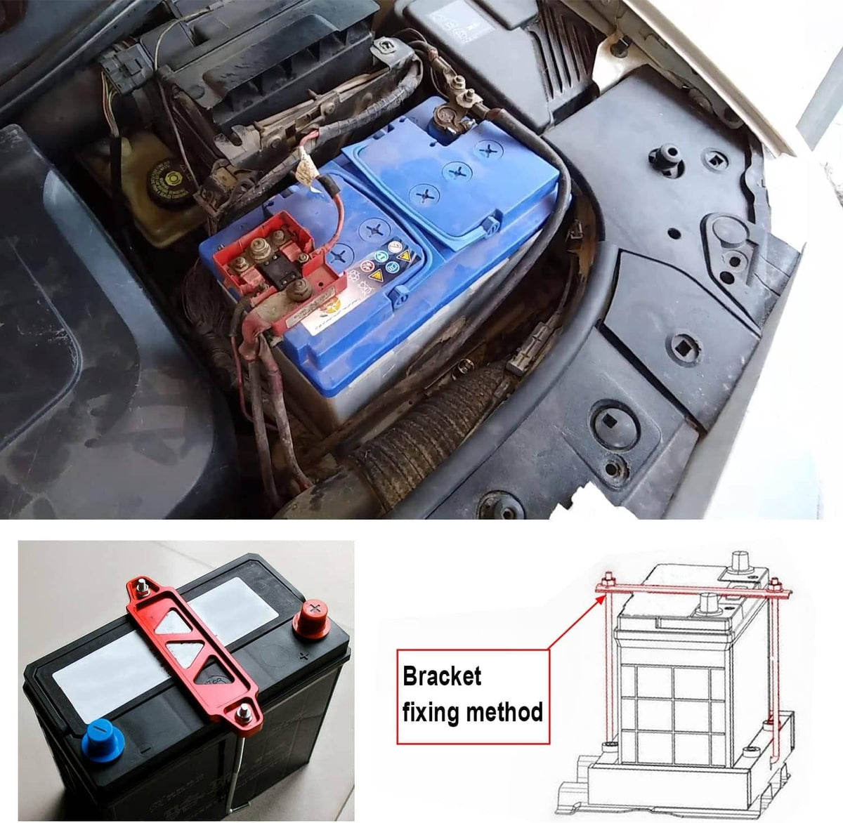 Battery tie-down bracket kit components arranged for mounting on a car battery