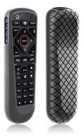 Gray remote control cover with button cutout and textured diamond grip side.