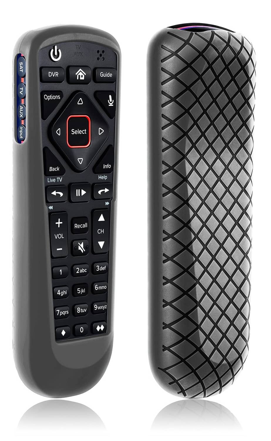 Gray remote control cover with button cutout and textured diamond grip side.