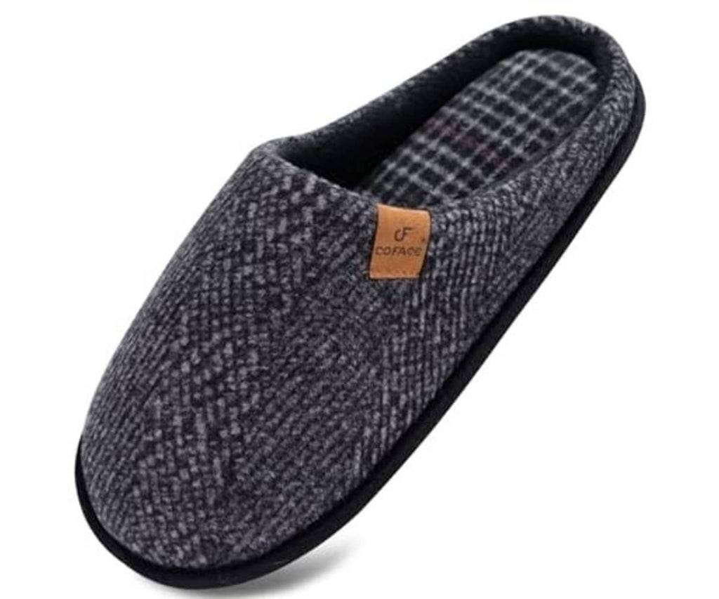Slip-on slippers, dark heather knit with black edging and plaid check inner