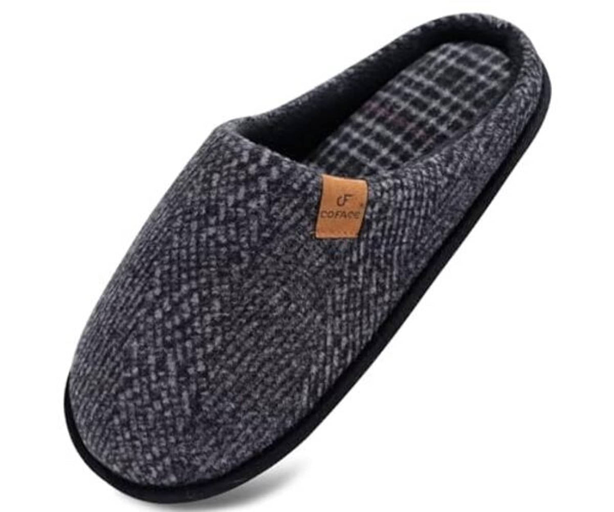 Slip-on slippers, dark heather knit with black edging and plaid check inner