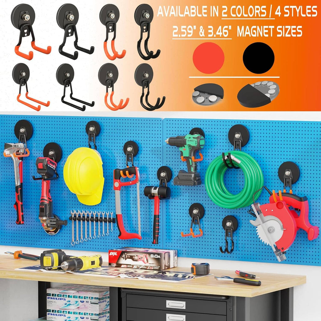 Assorted magnetic hooks in black and orange with U-shaped hangers and mounting plates