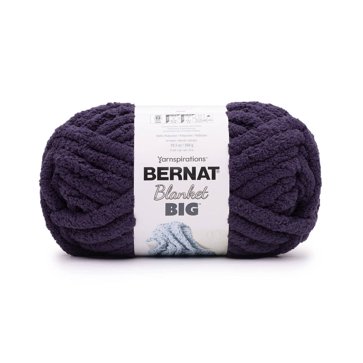 Bernat Blanket Big jumbo yarn skein, thick purple 100% polyester, rounded knit texture.