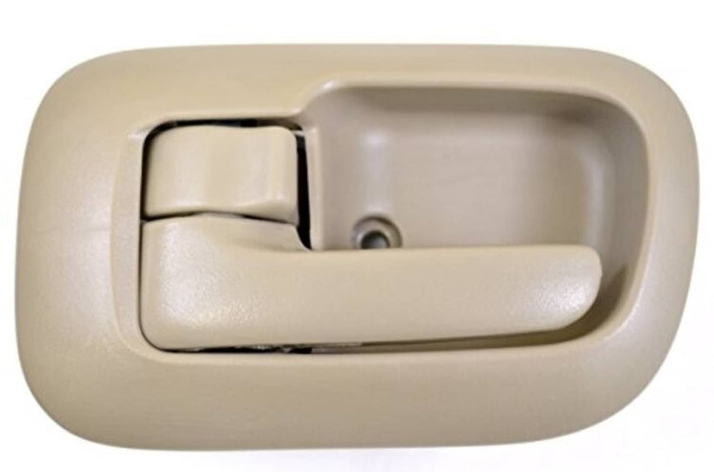 Beige interior door handle trim with rounded bezel and recessed pull