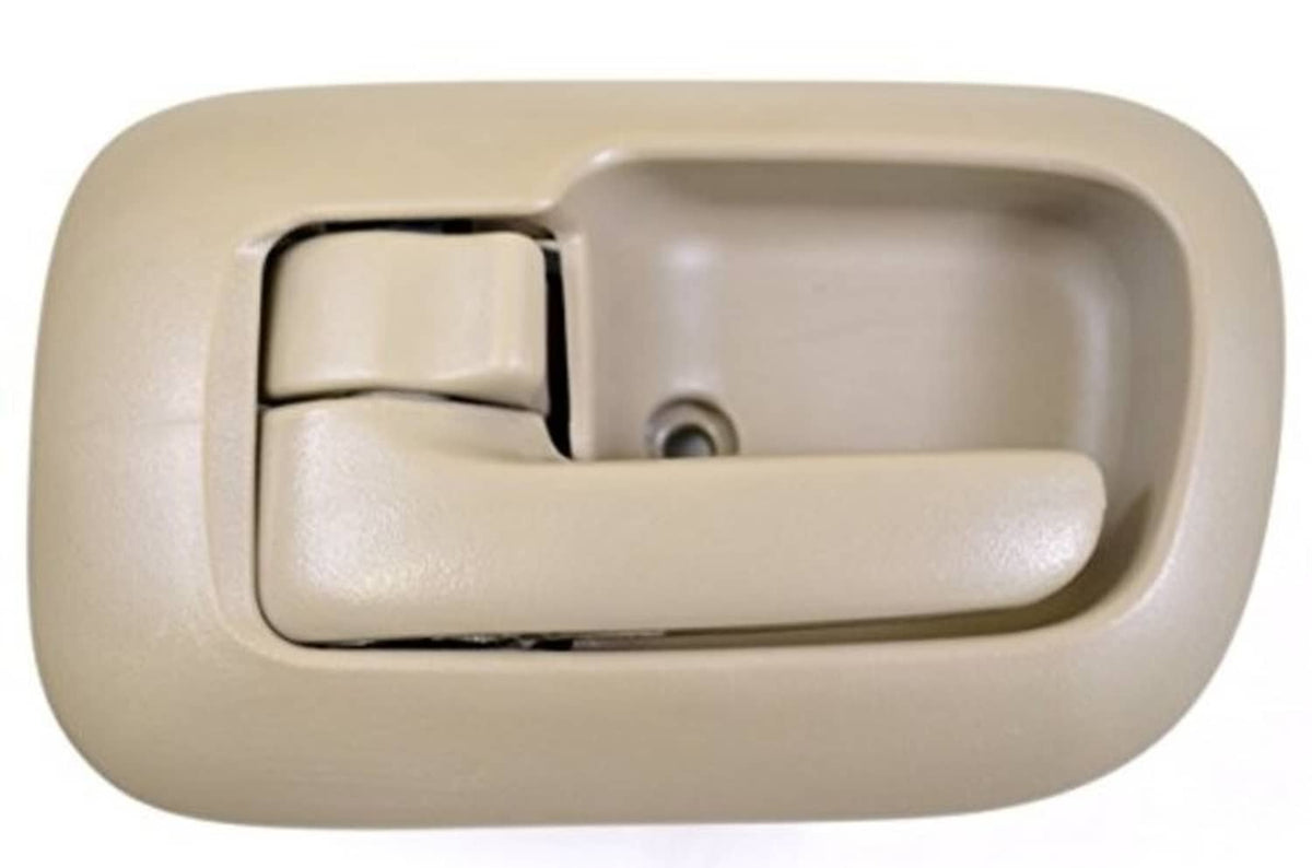 Beige interior door handle trim with rounded bezel and recessed pull