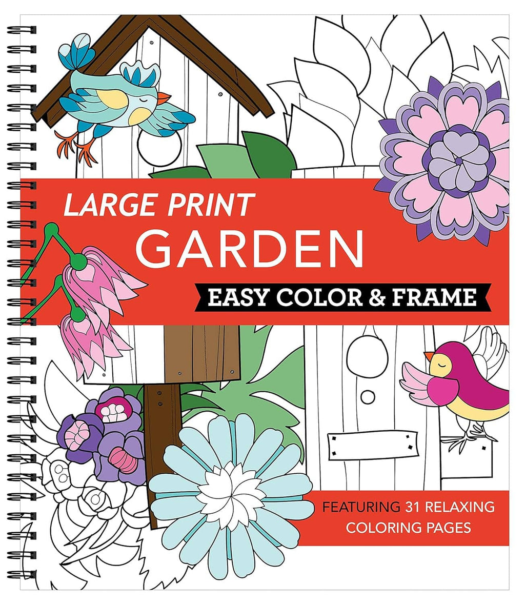 Spiral-bound garden coloring book with red title banner, bird and flower illustrations