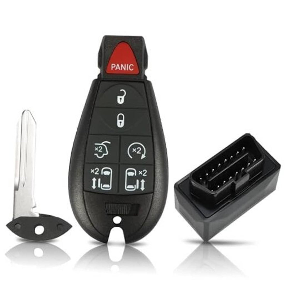 Black key fob remote with red PANIC button, key blade and connector dock