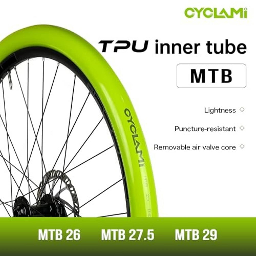 Green TPU inner tube on an MTB wheel rim, showing tire bead area