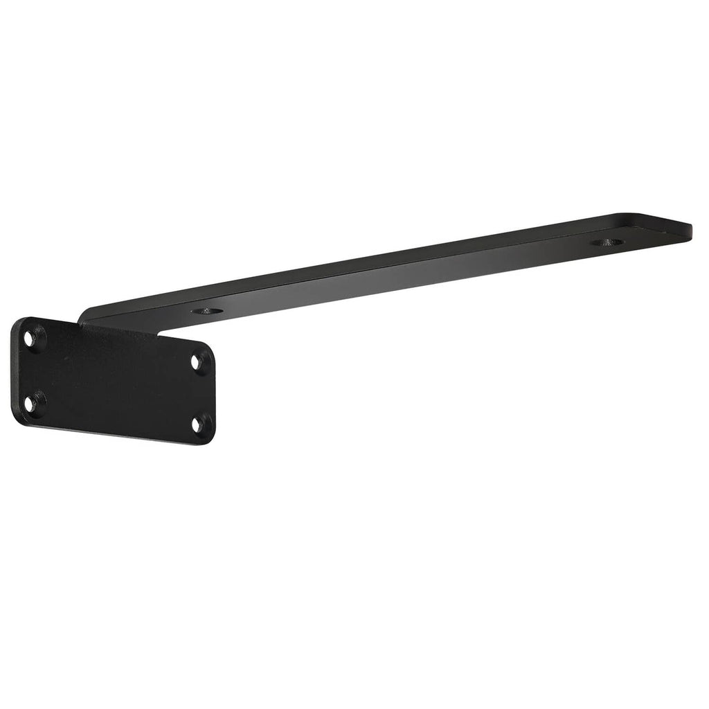 Single black floating shelf bracket with square mounting plate and long arm