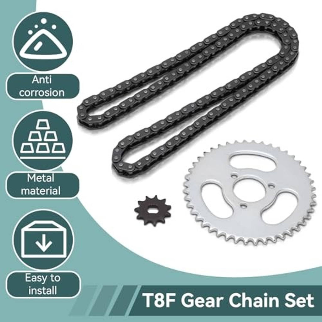T8F gear chain set with black roller chain, silver sprocket gear, and small sprocket