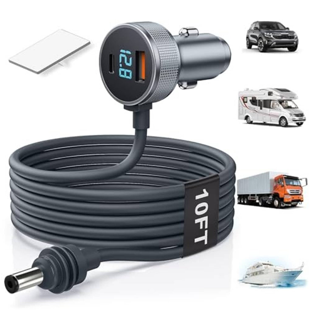 10ft DC car charger cable with cigarette lighter plug and round voltage display module