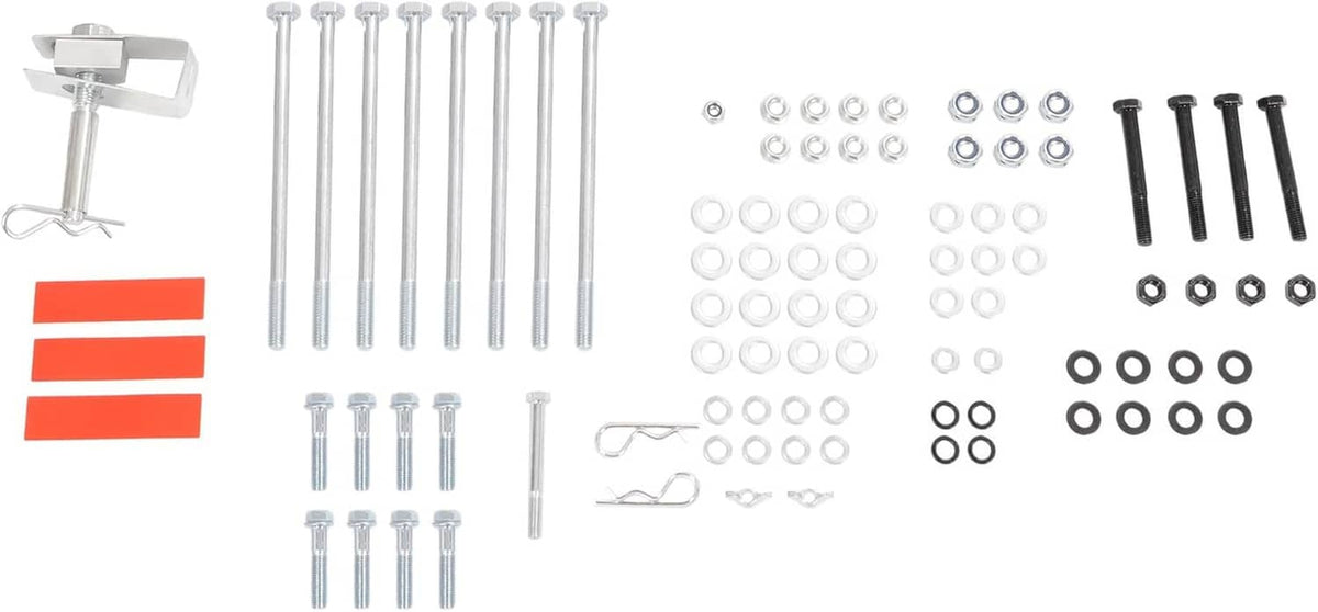 Motorcycle carrier hitch hardware kit with bolts, washers, and installation brackets