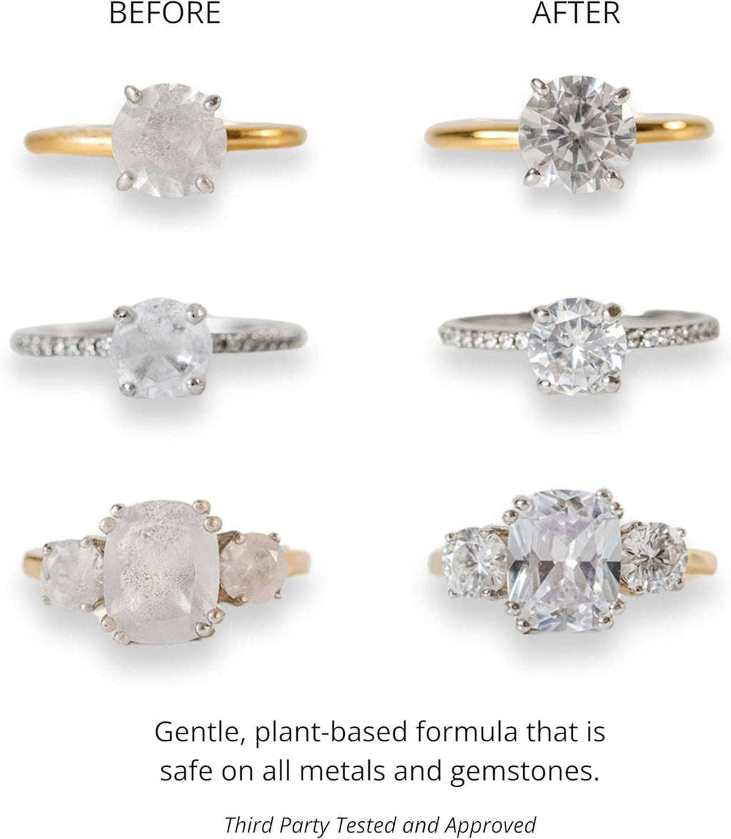Before-and-after jewelry rings showing cleaner sparkle after brush treatment