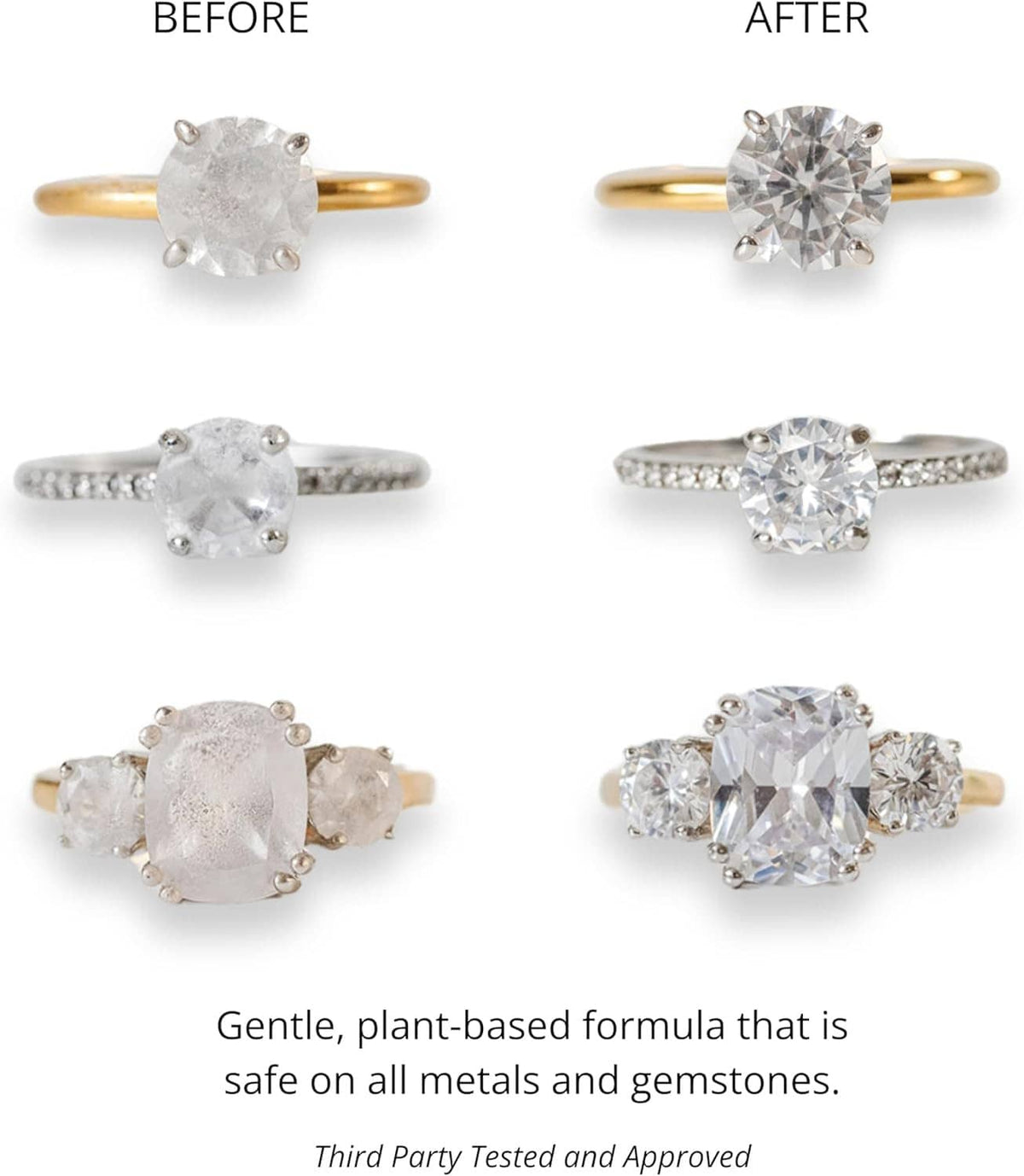 Before-and-after jewelry rings showing cleaner sparkle after brush treatment