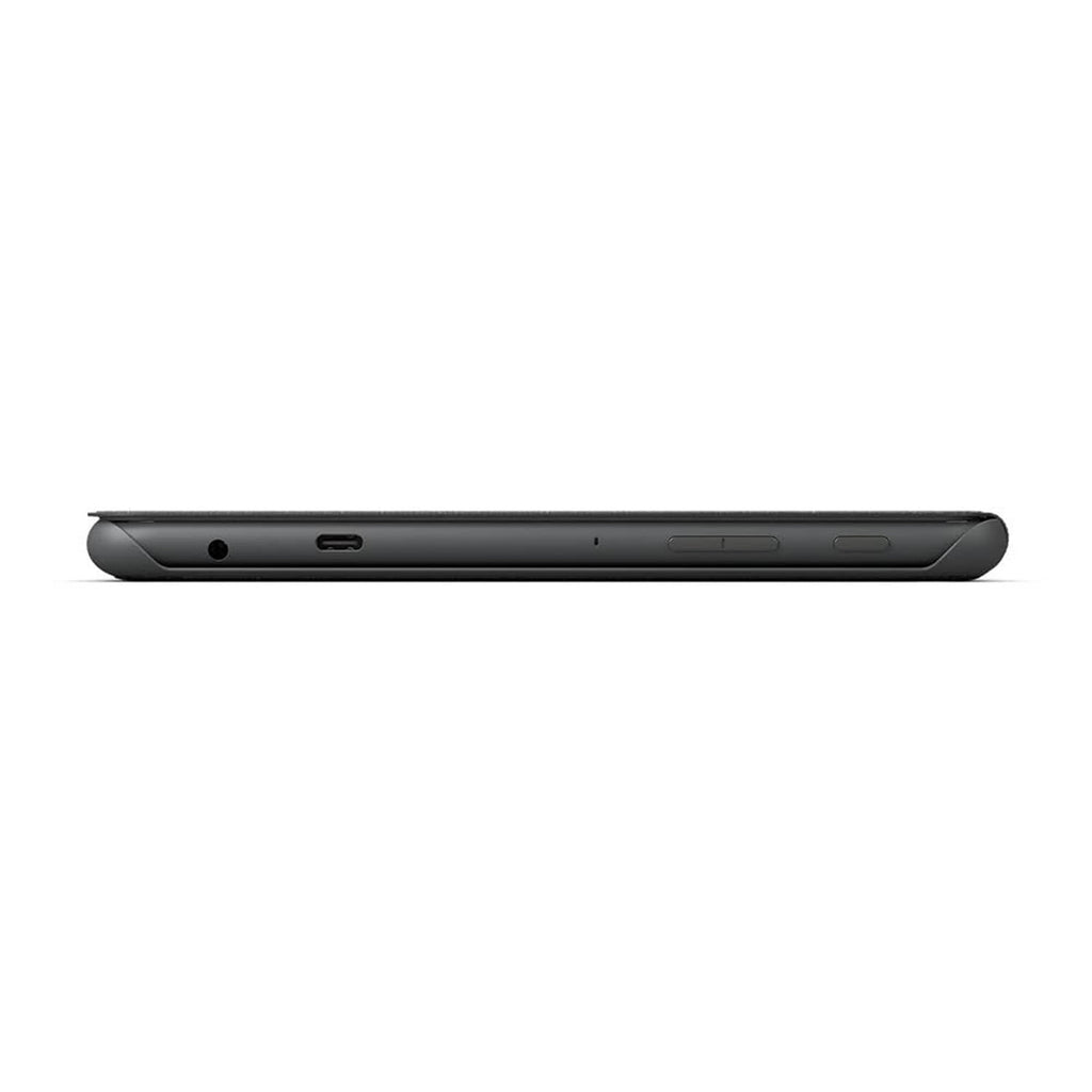 Dark gray tablet protective cover showing side profile and bottom port cutouts.
