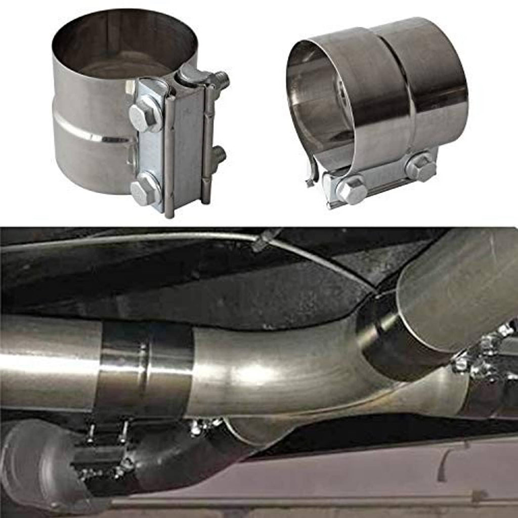 Stainless exhaust clamp holding muffler pipe overlap joint on an exhaust system