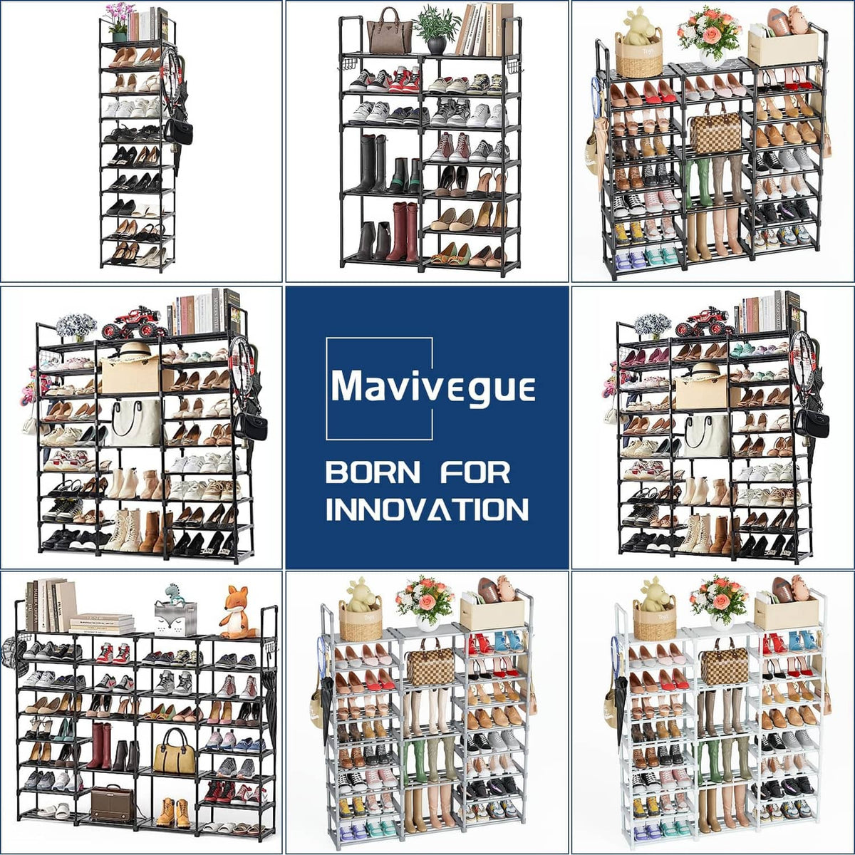 White 9-tier shoe rack organizer shown in multiple room-style setups