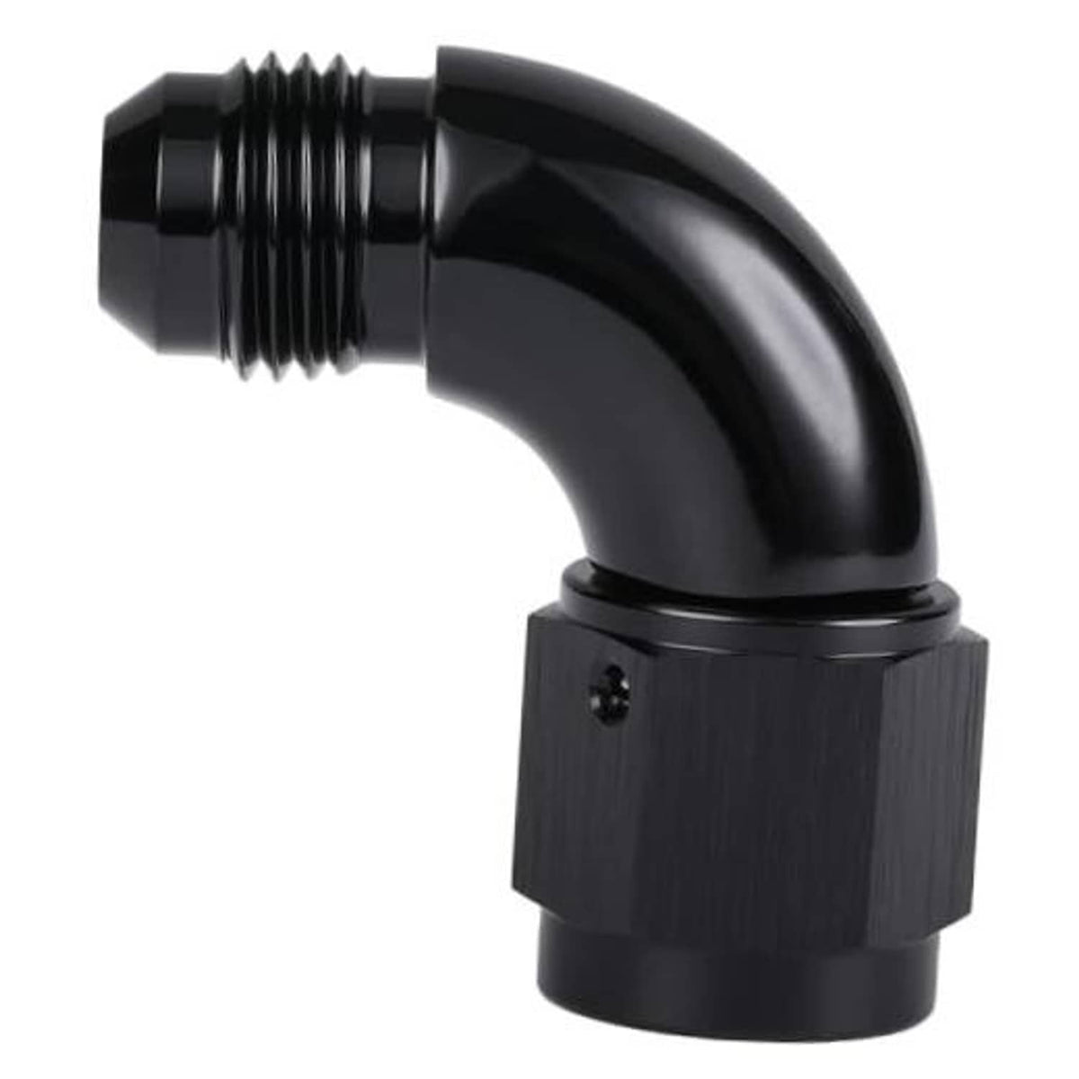 Black 90-degree swivel AN male-to-female adapter fitting with threaded ends