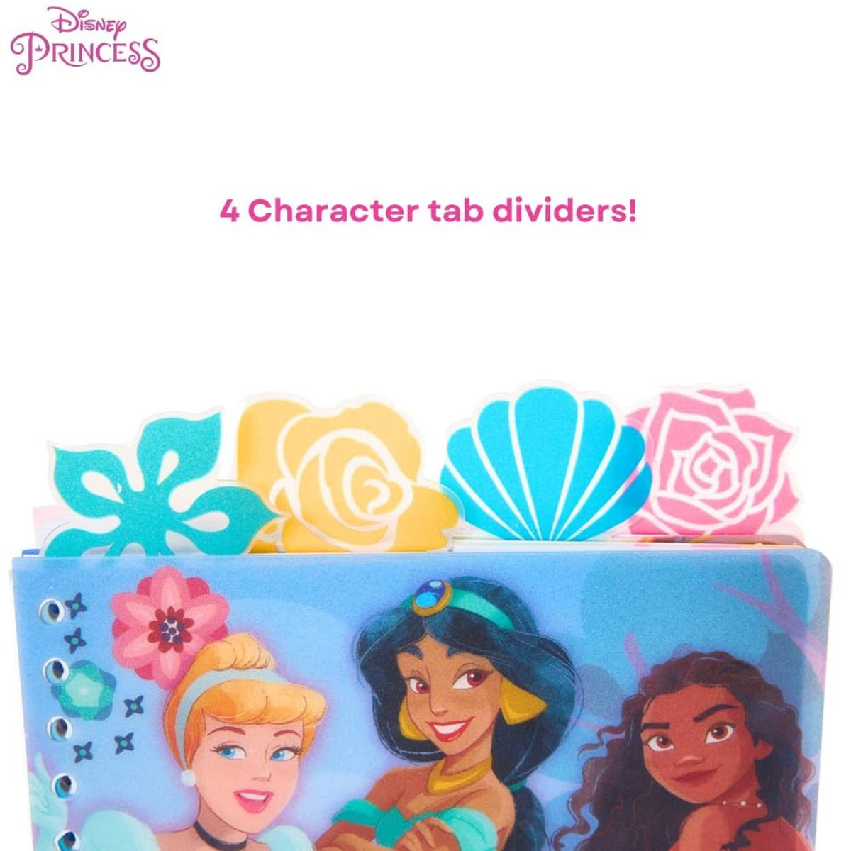 Spiral bound Disney Princess notebook with blue cover and character artwork, gold rings visible