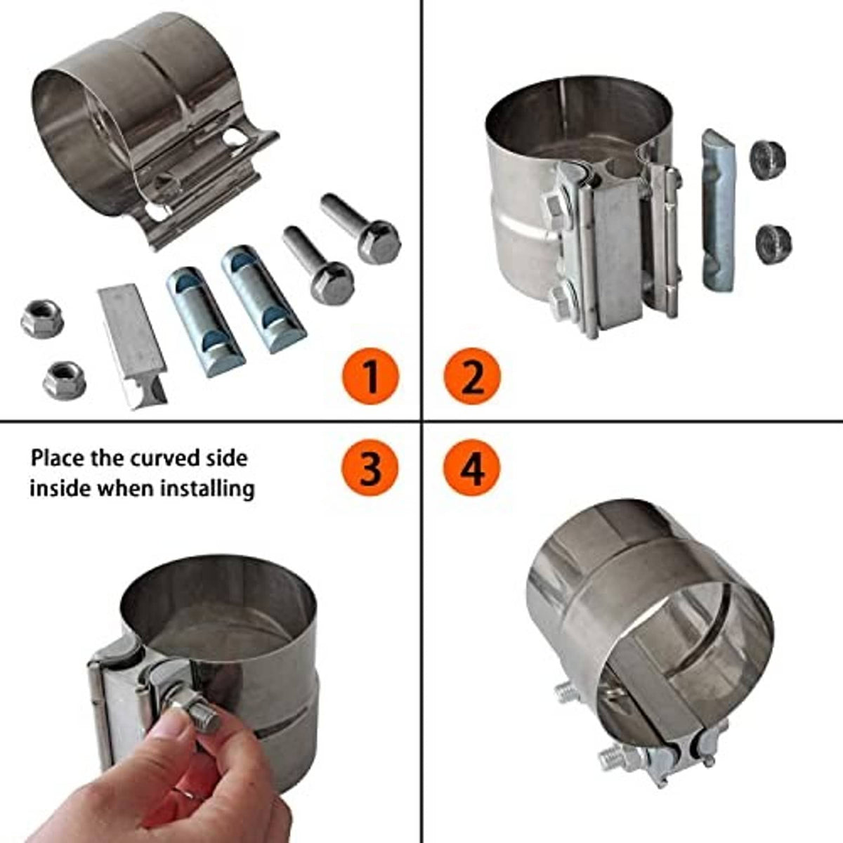 304 stainless exhaust band clamp kit with bolts, nuts, and curved installation insert