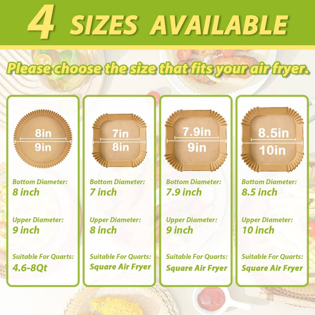 Square air fryer liners size guide showing multiple dimensions and quantities