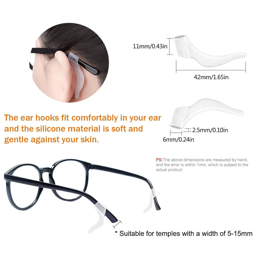 Soft silicone ear hooks for eyeglasses, white tips with size markings and dimensions