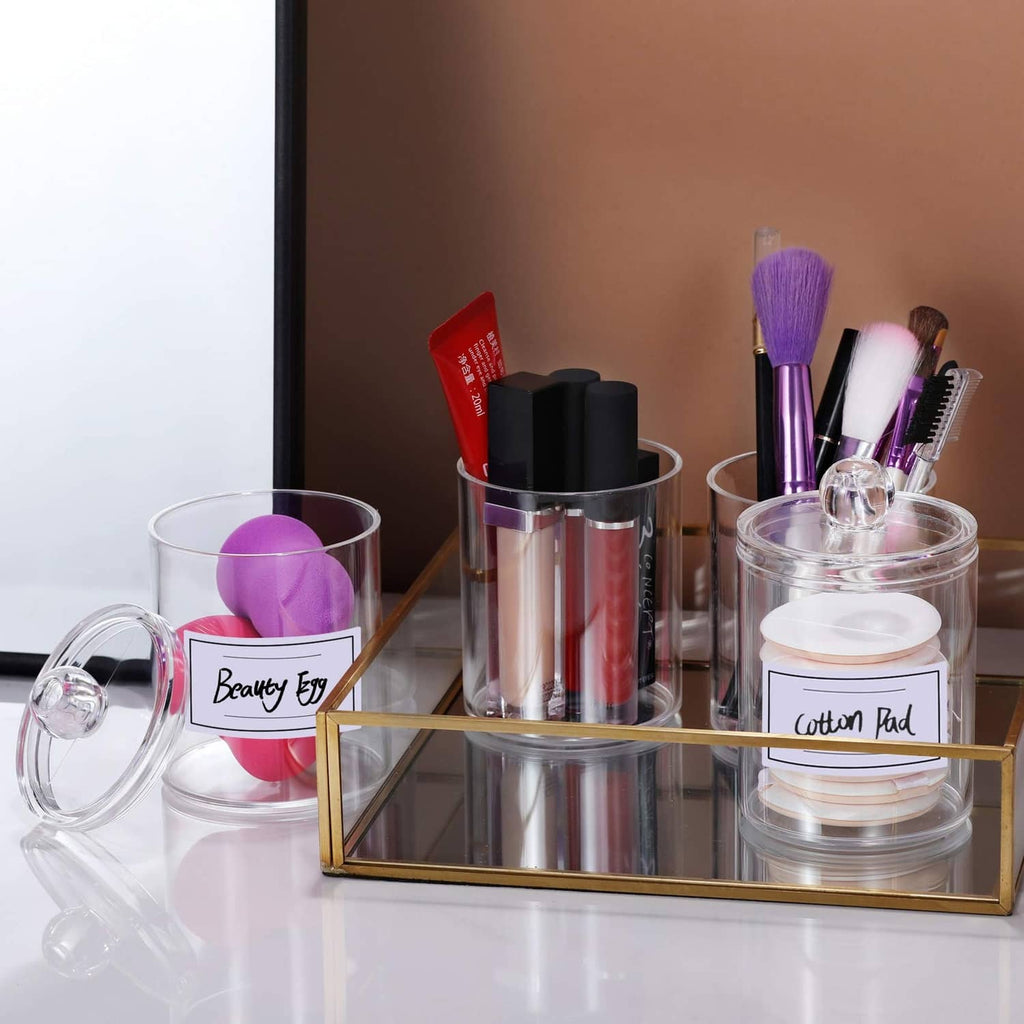 Clear acrylic cotton pad and swab organizers with dome lids and label cards