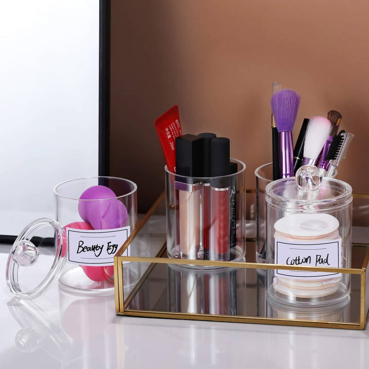 Clear acrylic cotton pad and swab organizers with dome lids and label cards