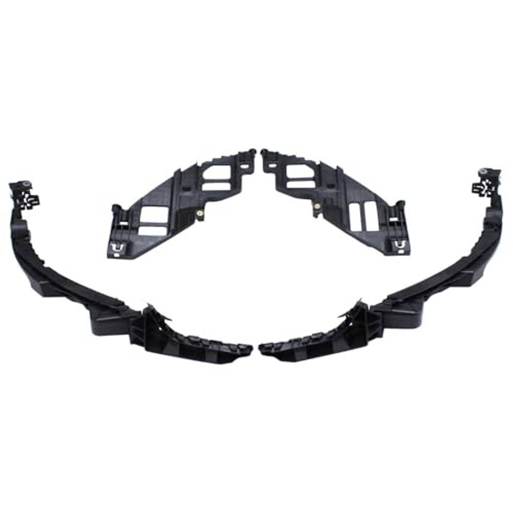 Front headlight guide support bracket set with curved bumper bracket trim, black plastic