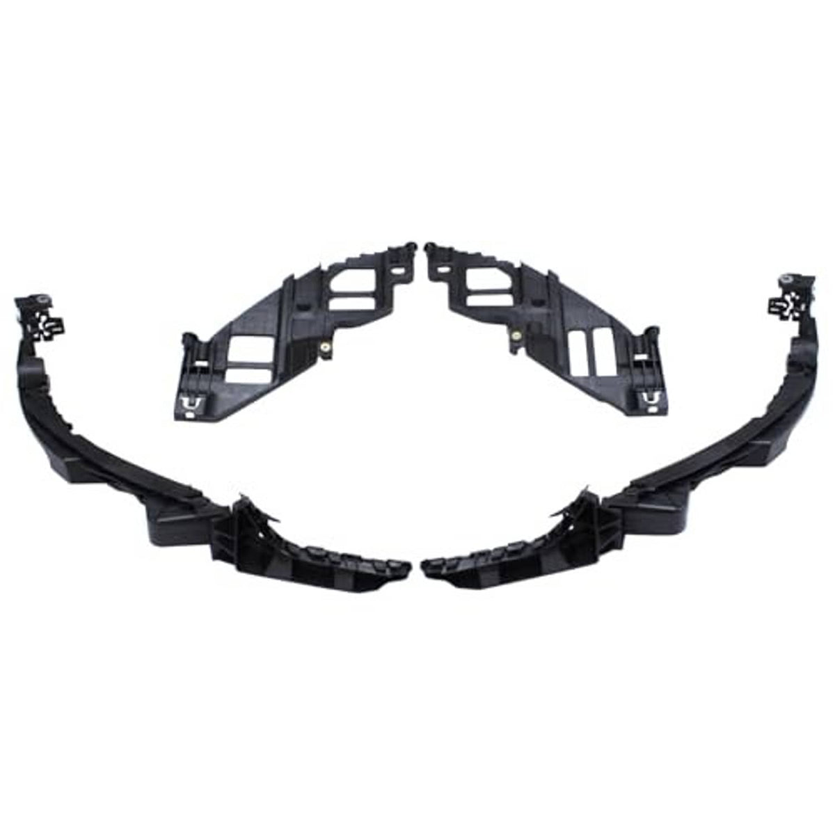 Front headlight guide support bracket set with curved bumper bracket trim, black plastic