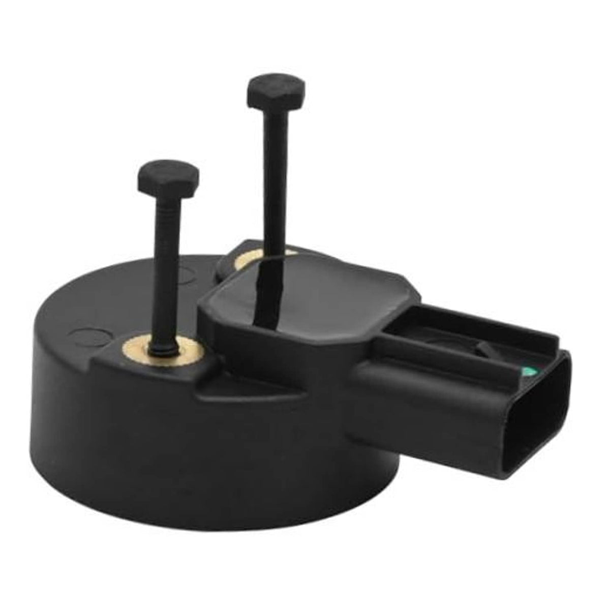Black camshaft position sensor with two mounting posts and electrical connector plug