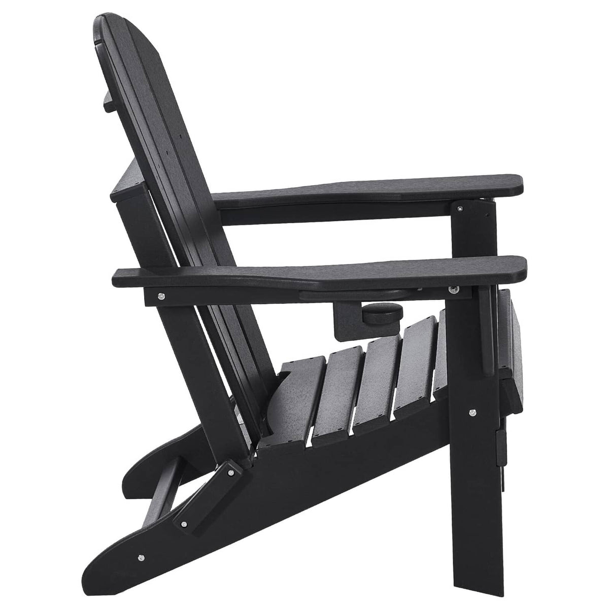 Black folding Adirondack patio chair with recline frame and slatted seat, side view