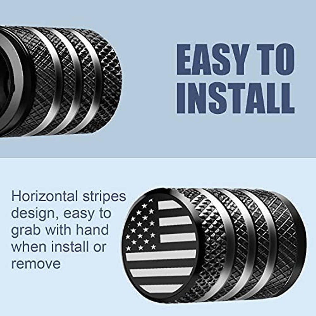 Tire valve stem cap with American flag round face and textured silver-striped grip