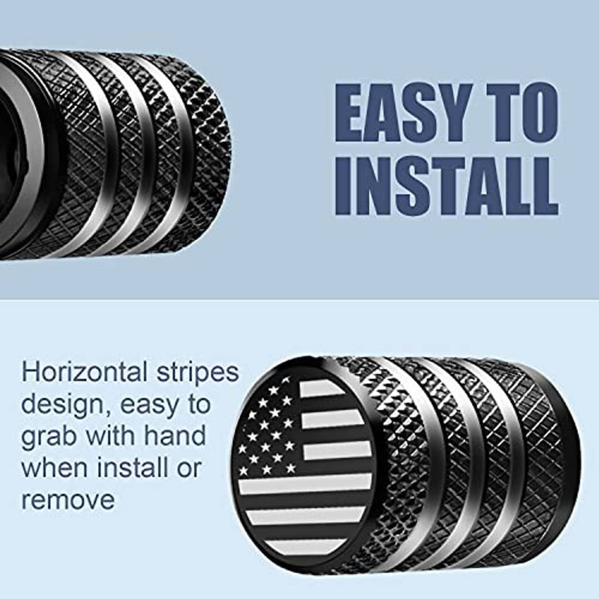 Tire valve stem cap with American flag round face and textured silver-striped grip
