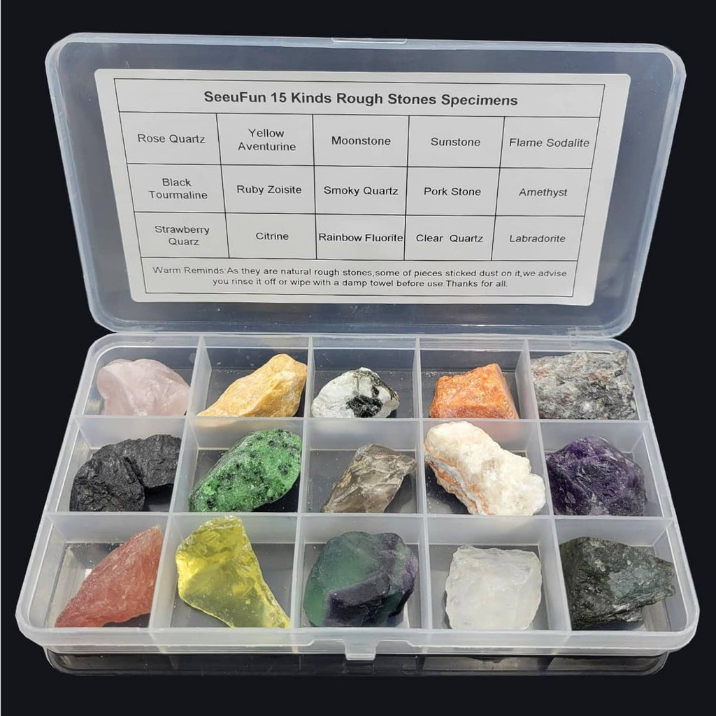 Rock tumbling rough stone specimen kit in clear plastic organizer box with 15 stones