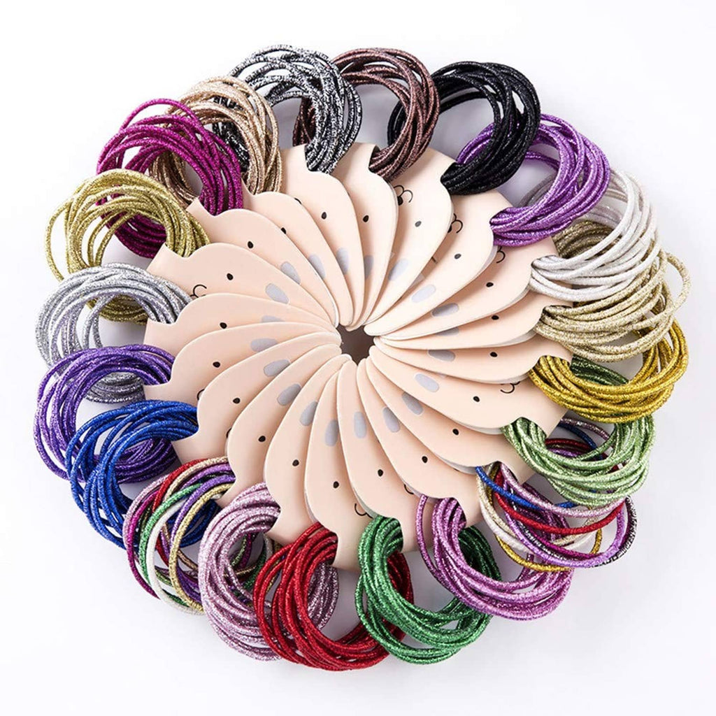 Glitter hair elastics set on bunny-shaped holder, multi-color metallic loops