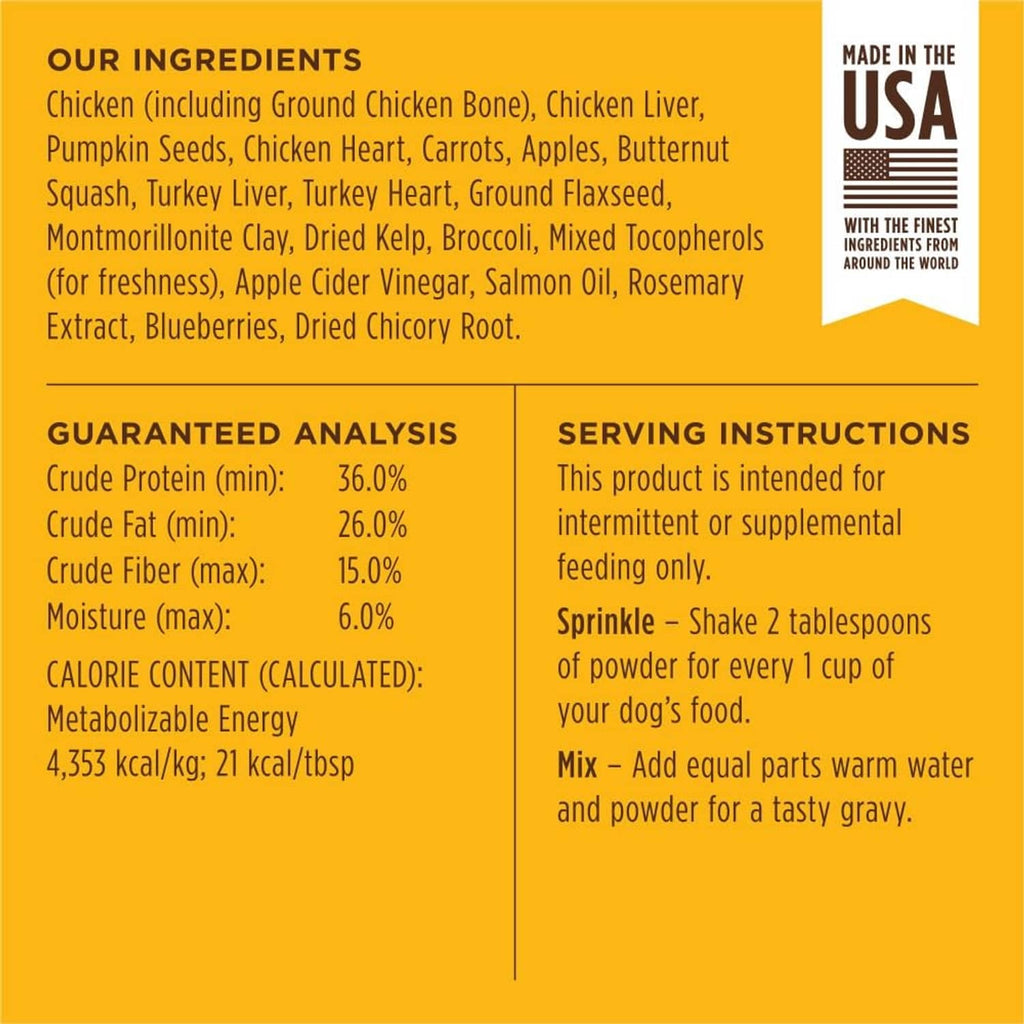 Back label panel for Instinct RawBoost Shakers with ingredients, analysis, and serving directions