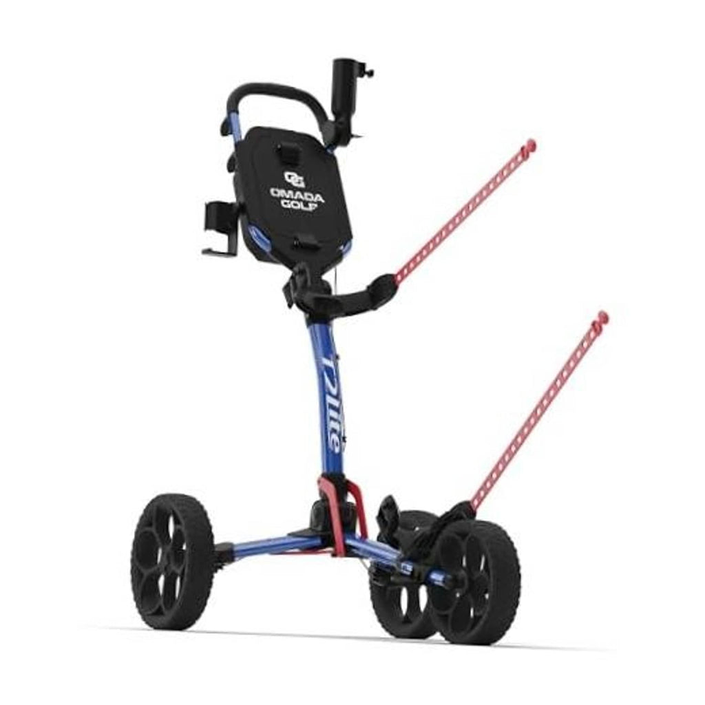 Red, white, and blue lightweight golf push cart with four wheels and front handle.