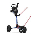 Red, white, and blue lightweight golf push cart with four wheels and front handle.