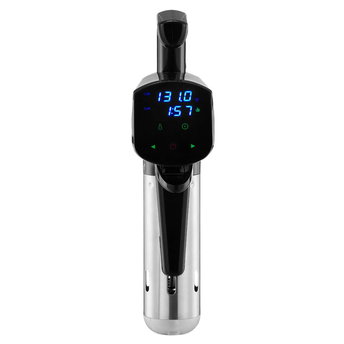 Sous vide precision cooker with LED display, black control unit and stainless steel body