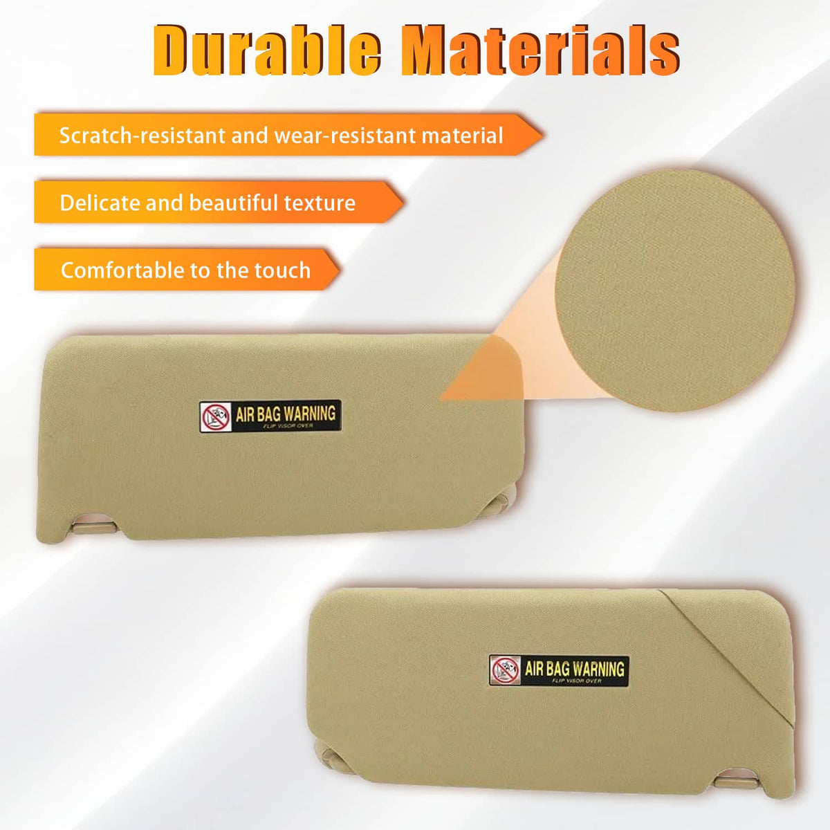 Tan car sun visor with textured fabric and air-bag warning label, side clips