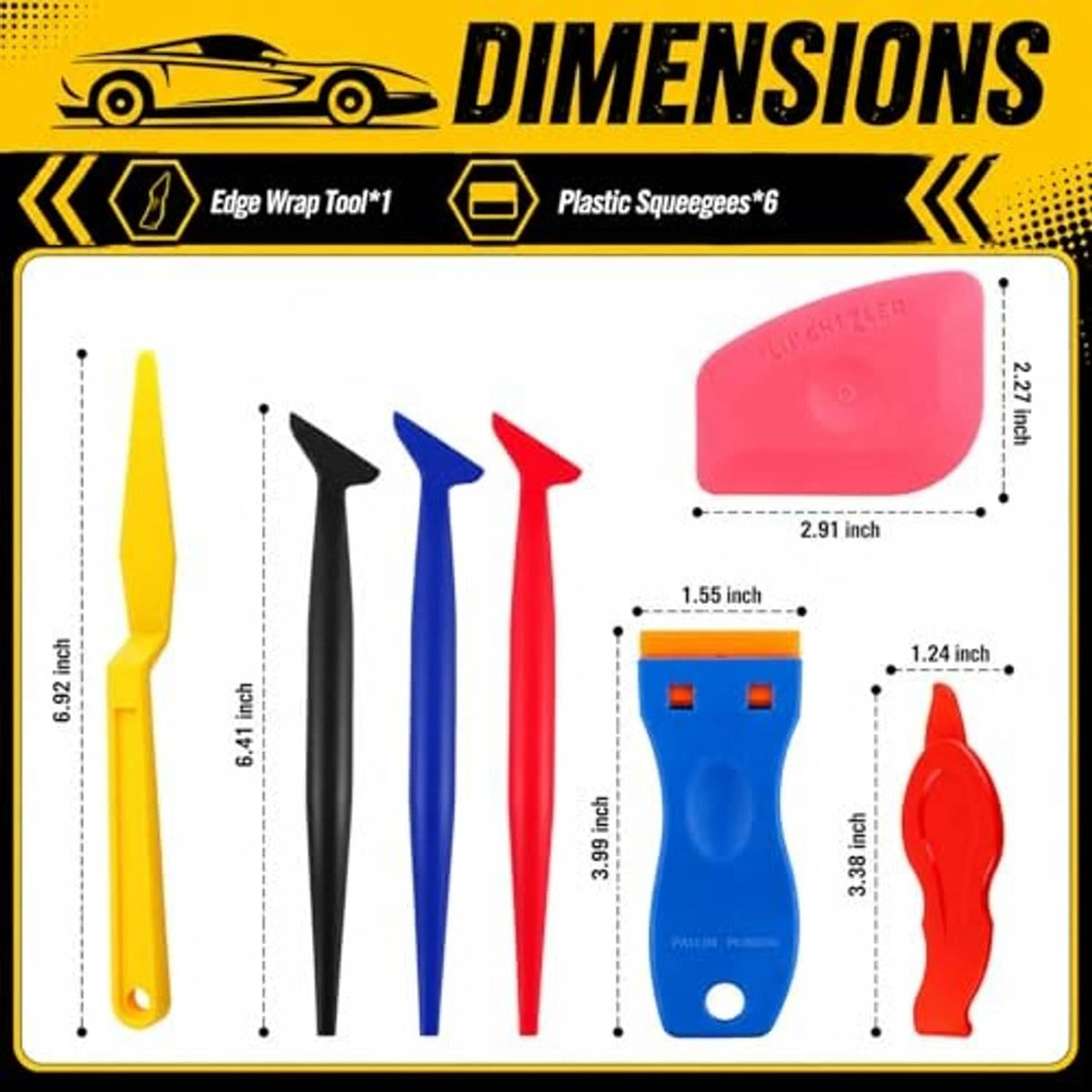Vinyl wrap edge tool set with colored cutters, blue scraper, and red-handled squeegee