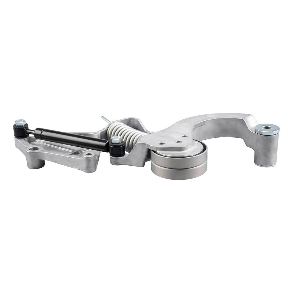 Belt tensioner with pulley wheel, coil spring, and black rod linkage, silver metal.