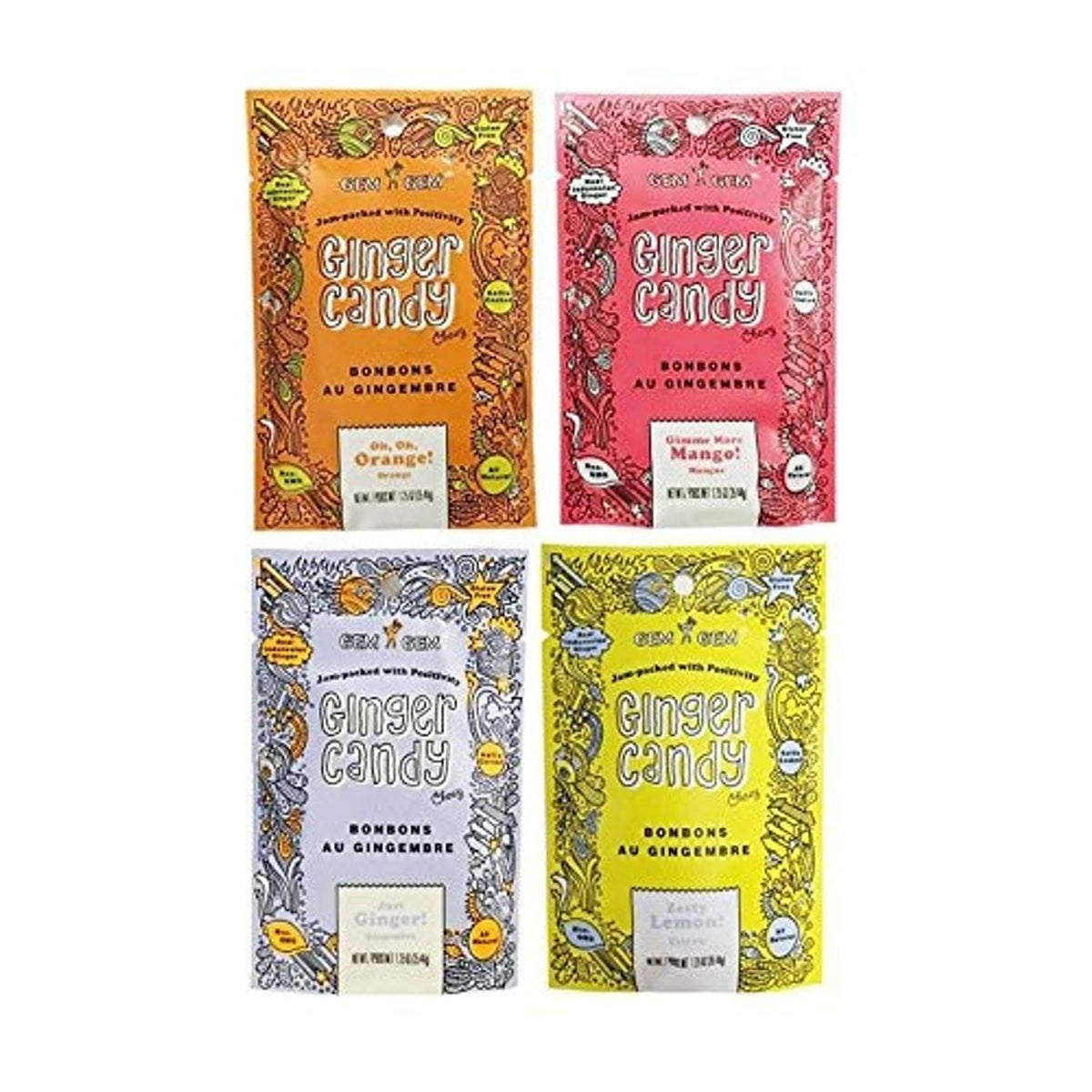 Chewy ginger candy variety pack with four candy boxes in orange, pink, blue, yellow