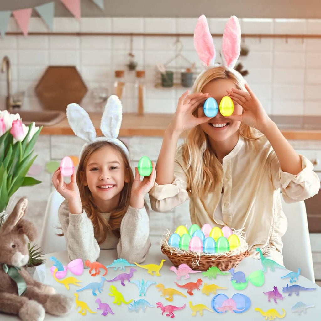 Children with bunny ears holding pastel glowing eggs and dinosaur figure toys