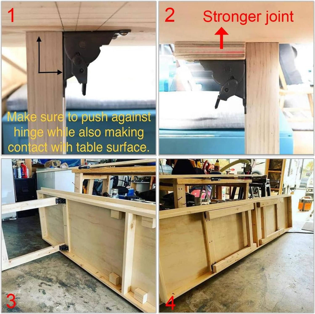Table leg folding hinge bracket mounted on wooden frame with latch engaged