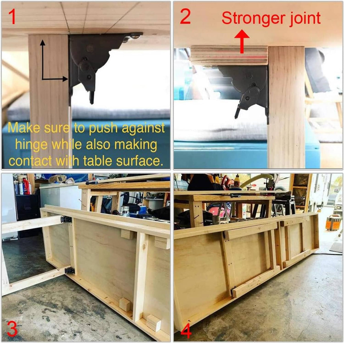 Table leg folding hinge bracket mounted on wooden frame with latch engaged